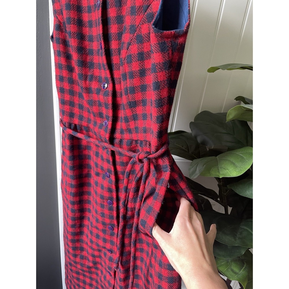 Vtg Lanz Originals Plaid Flannel Dress Sleeveless Red Navy Belt Pockets Sz Small - Picture 2 of 5